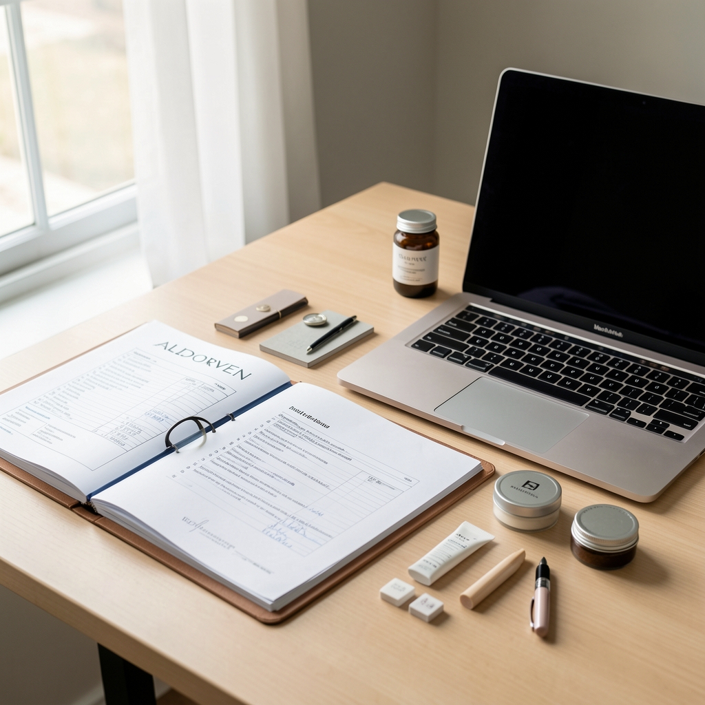 Minimalist studio workspace with body cream jars and supplement bottles arranged on a clean pale wooden surface, natural daylight coming through a window
