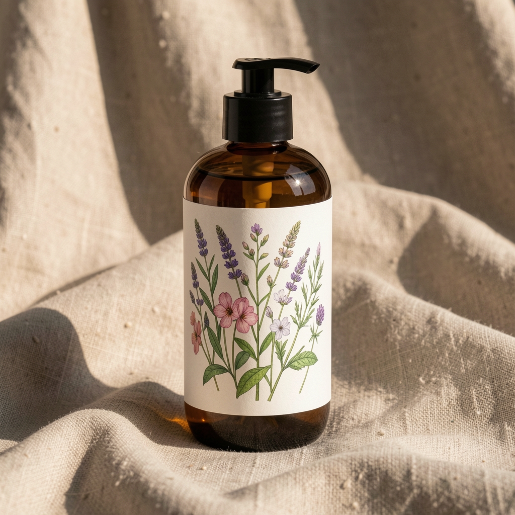 Body cream bottle with botanical illustration label on a raw linen fabric background, natural side lighting