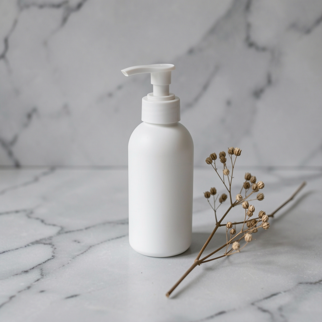 Minimalist white pump bottle of body moisturiser on cool grey marble surface with a single dried botanical sprig beside it